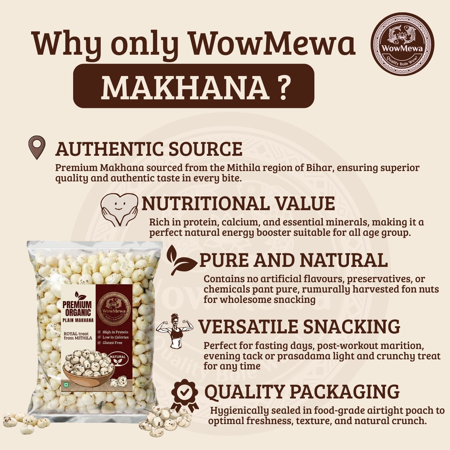 WowMewa Premium Organic Makhana (250g) - High Protein, Low Calorie Roasted Fox Nuts from Mithila - Image 4